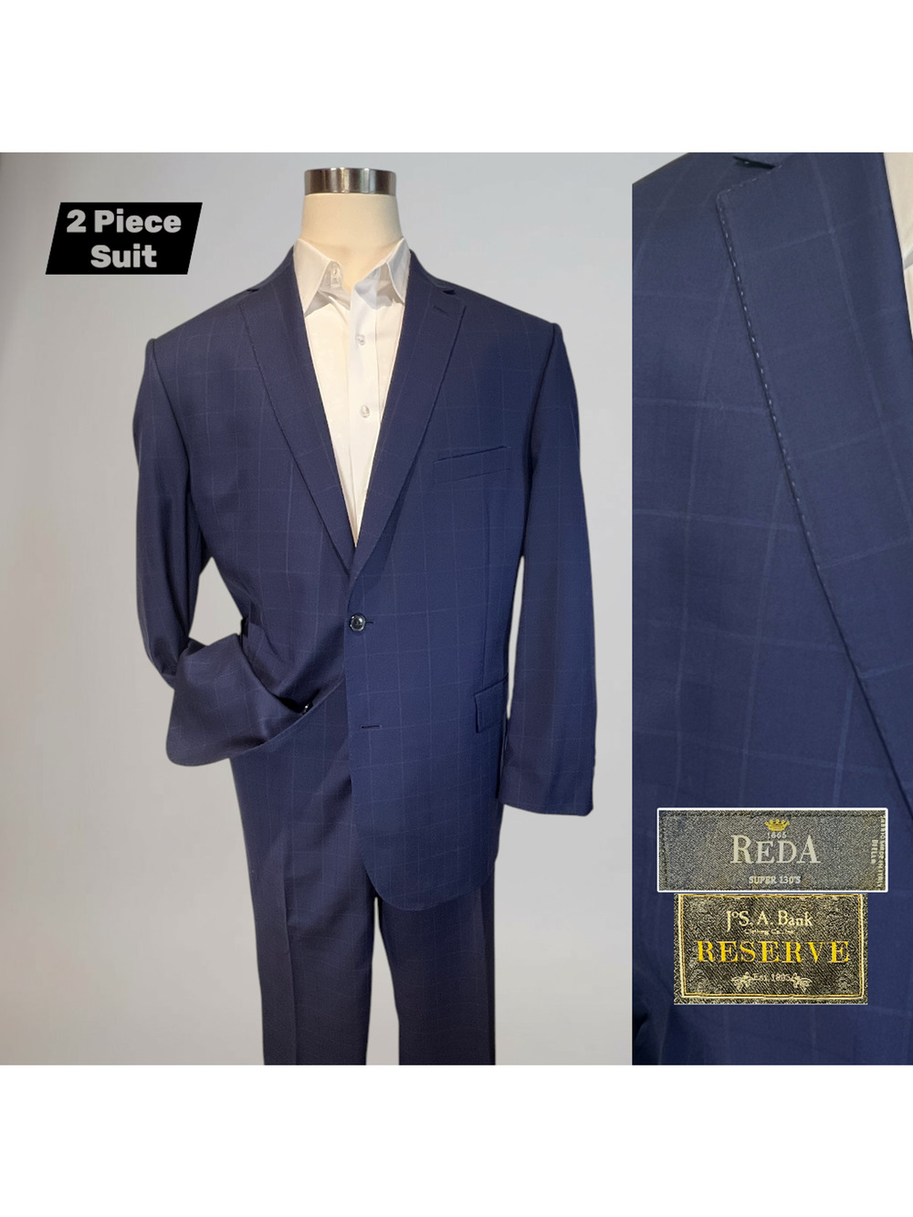 Jos A Bank Reserve REDA 50L 45x31 Royal Cobalt Blue Plaid Suit Italian Wool 130s - Picture 1 of 16